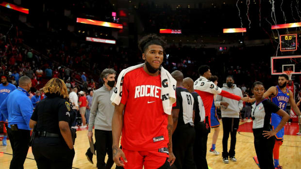Oct 22, 2021; Houston, Texas, USA; Houston Rockets guard Jalen Green (0) walks off the court following Houston's 124-91 victory over the Oklahoma City Thunder at Toyota Center. Mandatory Credit: Erik Williams-USA TODAY Sports